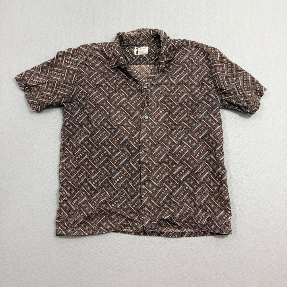 Vintage Acapulco Holiday Shirt Large Brown Geometric Short Sleeve Loop Collar
